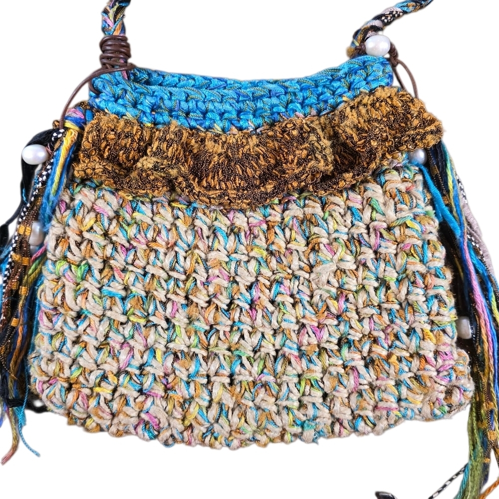Boho Crochet Crossbody Bag Multicolor Handwoven Purse with Tassel Fringe - Picture 3 of 4